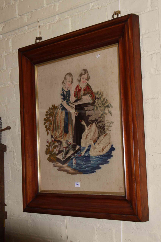 Collection of nine pictures including oils, portrait, needlework and Farm sign (10).