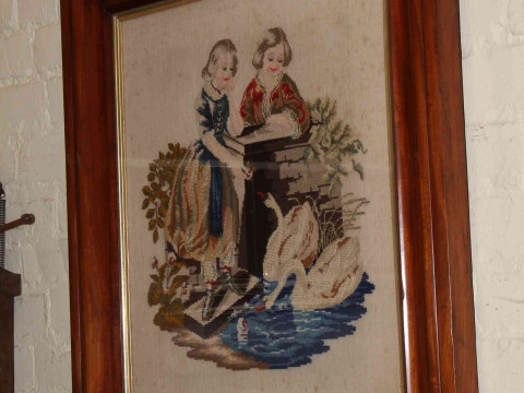 Collection of nine pictures including oils, portrait, needlework and Farm sign (10). thumbnail