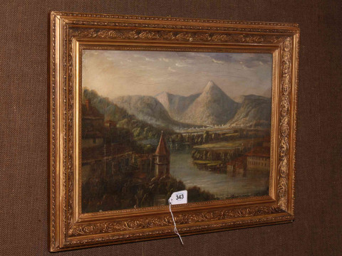 Gilt framed oil on canvas depicting an Asian landscape, 34cm by 50cm.