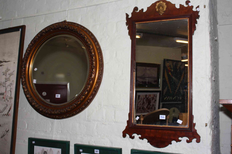 Framed Chinese silkwork, Georgian pier mirror and circular gilt framed bevelled wall mirror.