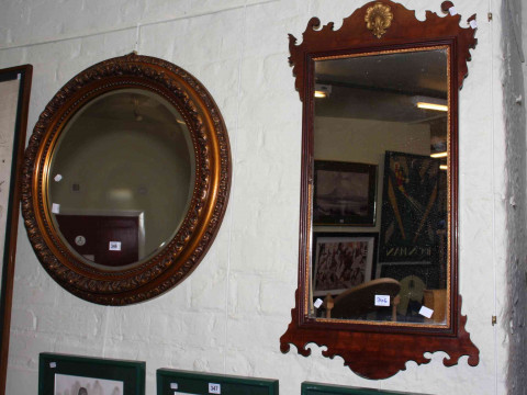 Framed Chinese silkwork, Georgian pier mirror and circular gilt framed...