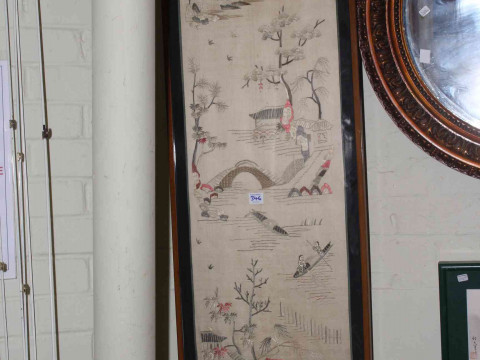 Framed Chinese silkwork, Georgian pier mirror and circular gilt framed bevelled wall mirror. thumbnail