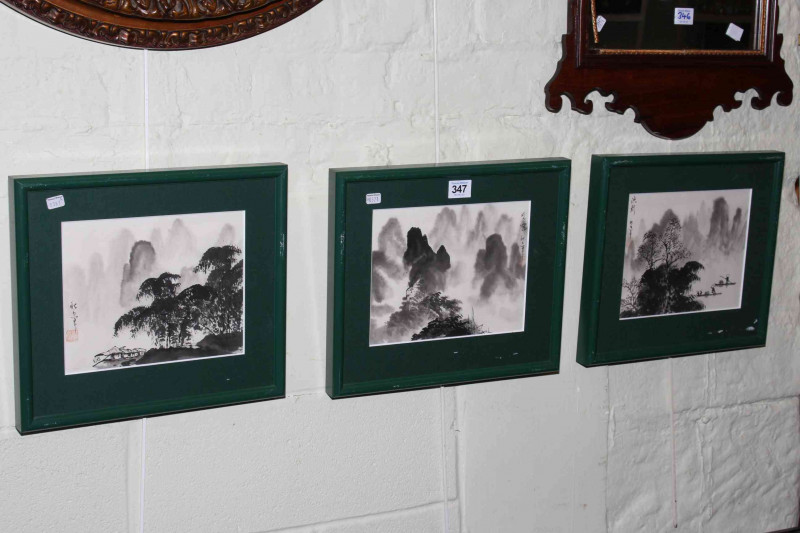 Set of three Chinese ink landscape paintings, 17cm by 21cm.