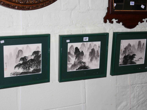 Set of three Chinese ink landscape paintings, 17cm by 21cm.