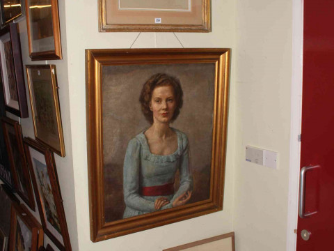 Large gilt framed portrait painting and three pastel portraits (4).