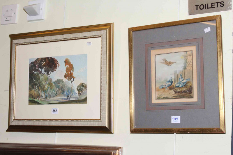 Walter J. Roberts, Bois De Clamart, Paris, watercolour, signed, titled and dated 1936, 18cm by 27cm, in glazed contemporary frame, early watercolour, Pigeons Nesting, 15cm by 13cm, in gilt glazed frame and pair 20th Century portrait paintings on canvas.