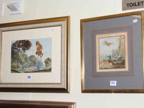 Walter J. Roberts, Bois De Clamart, Paris, watercolour, signed, titled and dated 1936, 18cm by 27cm, in glazed contemporary frame, early watercolour, Pigeons Nesting, 15cm by 13cm, in gilt glazed frame and pair 20th Century portrait paintings on canvas. thumbnail