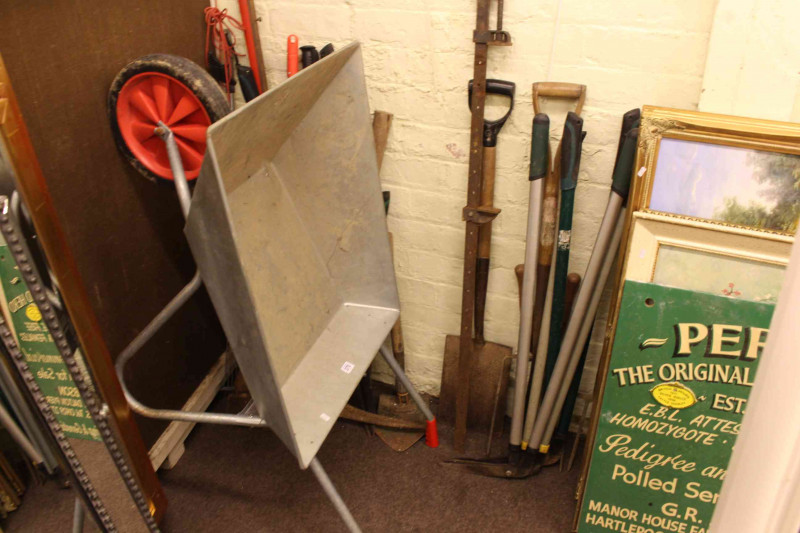 Garden barrow and collection of garden tools, clamps, etc.