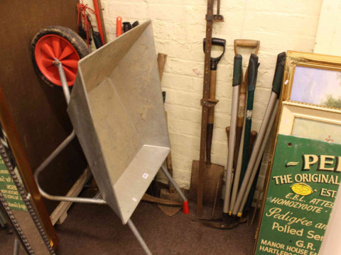 Garden barrow and collection of garden tools, clamps, etc.
