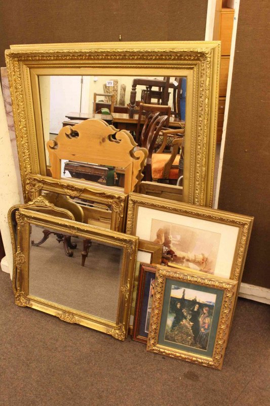 Collection of five framed wall mirrors including large gilt framed 117cm by 97cm and collection of various furnishing prints.