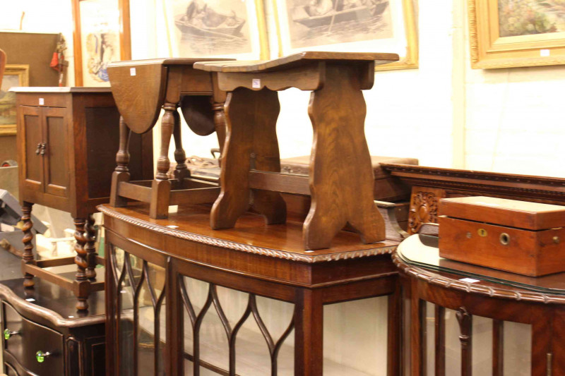 Small oak barley twist double door cabinet, drop leaf coffee table, stool and patent Magneto electric machine (4).