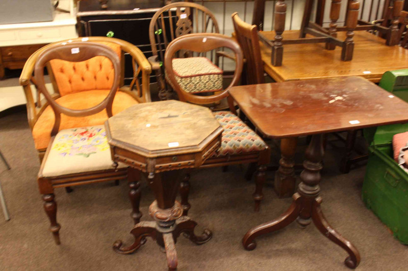 Victorian mahogany snap top occasional table, Victorian rosewood octagonal sewing table, pair Victorian mahogany balloon back dining chairs, Windsor wheelback elbow chair and footstool, and occasional armchair (7).