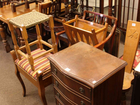 Slim mahogany serpentine front chest of six drawers, piano stool magazine...