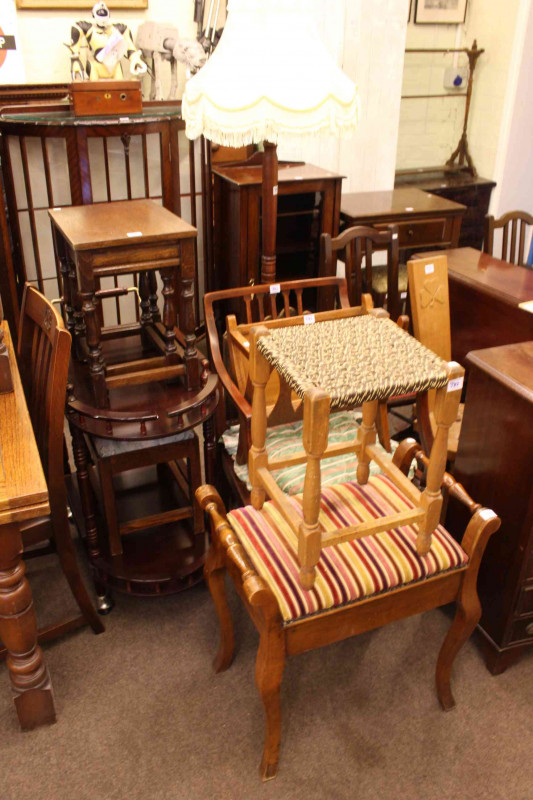 Slim mahogany serpentine front chest of six drawers, piano stool magazine rack, stool, standard lamp, elbow chair, drinks trolley and nest of two tables and firescreen (10).