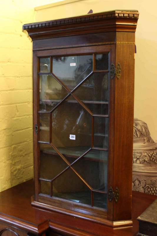19th Century inlaid mahogany astragal glazed corner wall cabinet, 94cm.