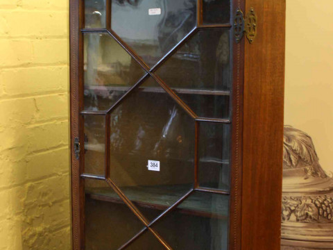 19th Century inlaid mahogany astragal glazed corner wall cabinet, 94cm.