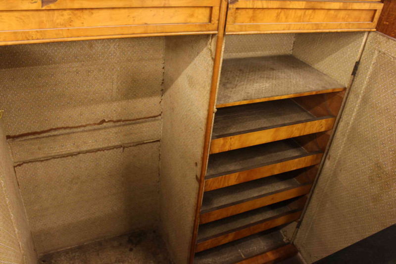 19th Century satin birch three door wardrobe, 177cm by 250cm by 58cm.