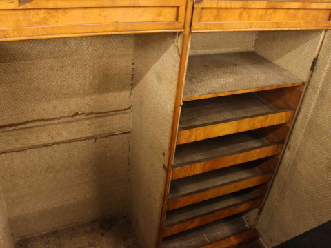 19th Century satin birch three door wardrobe, 177cm by 250cm by 58cm. thumbnail