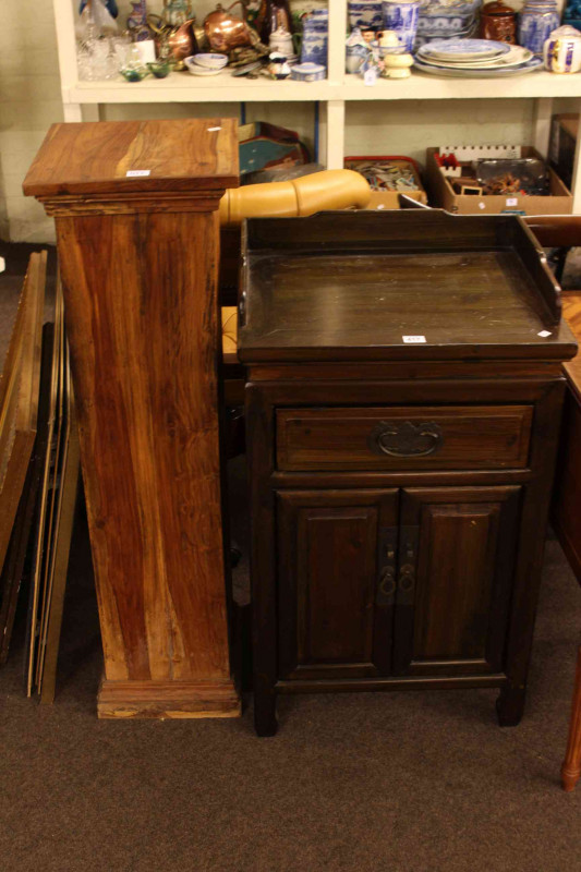 Oriental style two door cabinet and hardwood pedestal column (2).