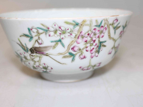 Pair Chinese Famille Rose cricket bowls, overglaze iron red four character mark (Hongxian), 11.5cm diameter with stands. thumbnail