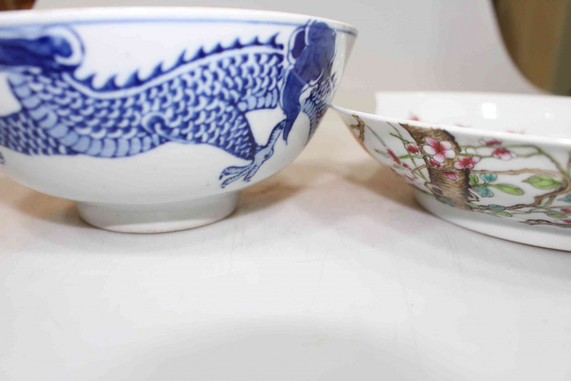 Chinese blue and white dragon bowl and blossom plate (2).