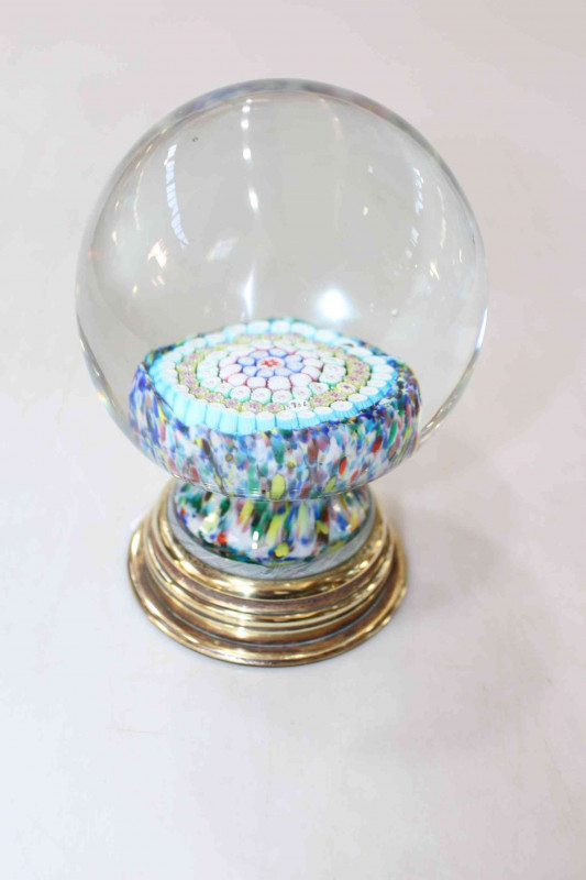 Millefiori newel post, the decoration incorporating date 1848 and mounted on brass shell case base, 16cm.