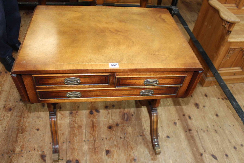 Bevan Funnell Ltd Reprodux mahogany three drawer sofa table, 71cm by 67cm by 46cm (leaves down).