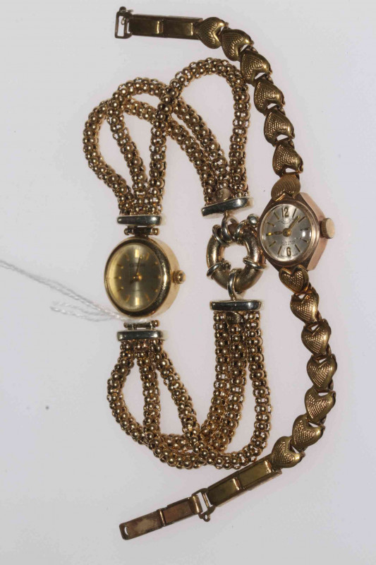 Ladies 9 carat gold bracelet watch, and another 9 carat gold watch with gold plated bracelet (2).