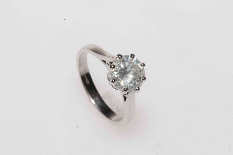 A lady's 18ct white gold diamond solitaire ring, comprising a round brilliant cut diamond set in an eight claw setting, approx. carat weight 1.76ct, colour j, clarity SI3, cut grade good, finish grade good, proportions good.