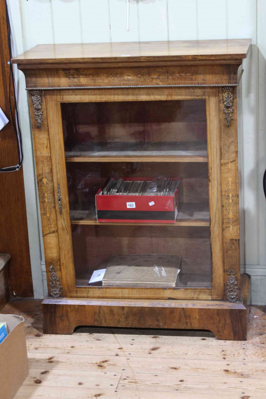 Victorian walnut and satinwood glazed panel door pier cabinet, 108cm x 82.5cm x 35cm.