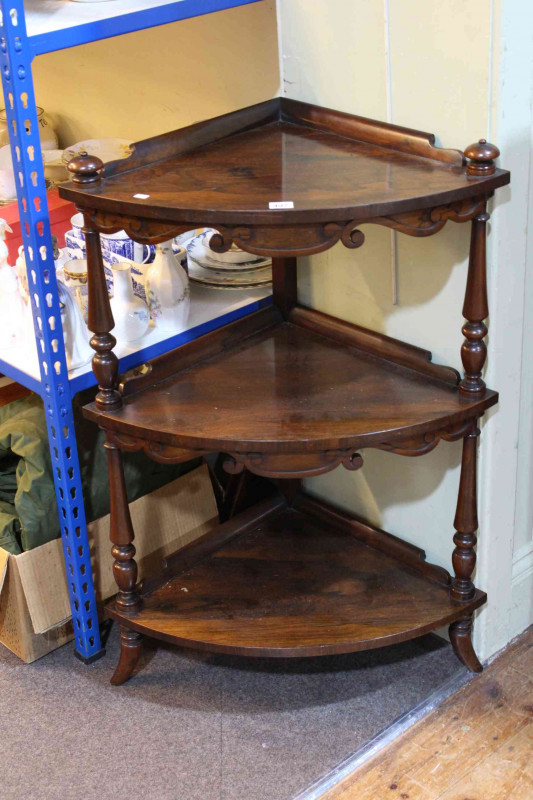 Victorian rosewood three tier corner whatnot. 92cm.