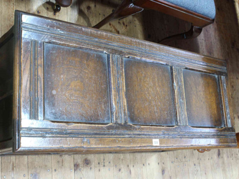 Carved oak triple panel front blanket box, 52cm x 106cm x 44cm. thumbnail