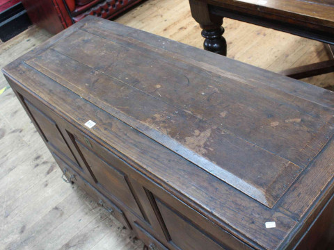Antique oak triple front coffer with two base drawers, 74cm x 130cm x 49cm. thumbnail