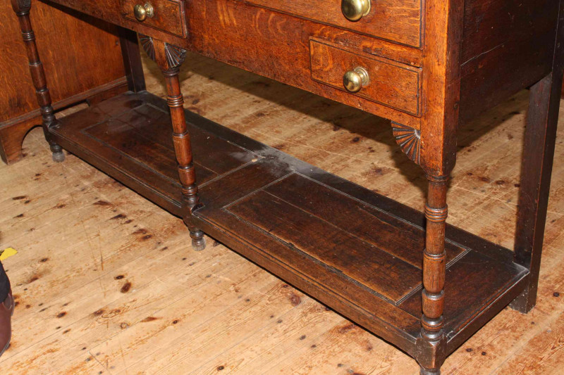 Period potboard dresser having three long drawers above three short drawers, on turned legs, 91.5cm x 167.5cm x 41cm.