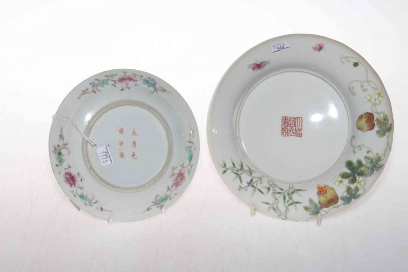 Two antique Chinese saucer dishes, Guangxa birthday pattern, 15.5cm and Bitter Melon, 19cm diameter.