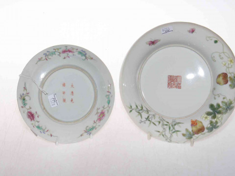 Two antique Chinese saucer dishes, Guangxa birthday pattern, 15.5cm and Bitter Melon, 19cm diameter. thumbnail