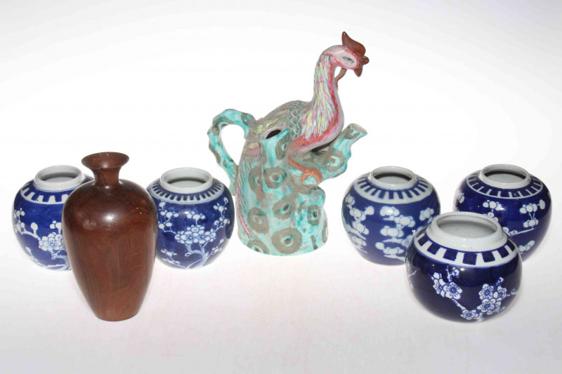 Collection of fourteen pieces of Chinese ware including ginger jars, peacock teapot, bowls, etc.