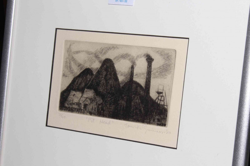 Tom McGuinness (1926-2006), Pit Head, limited edition etching, signed and dated 1980, number 30/40, image 11cm by 16cm, framed.