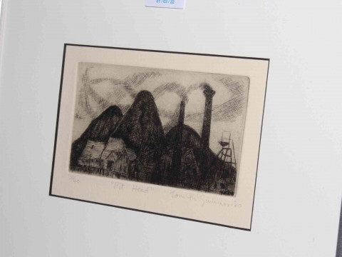 Tom McGuinness (1926-2006), Pit Head, limited edition etching, signed and dated 1980, number 30/40, image 11cm by 16cm, framed. thumbnail