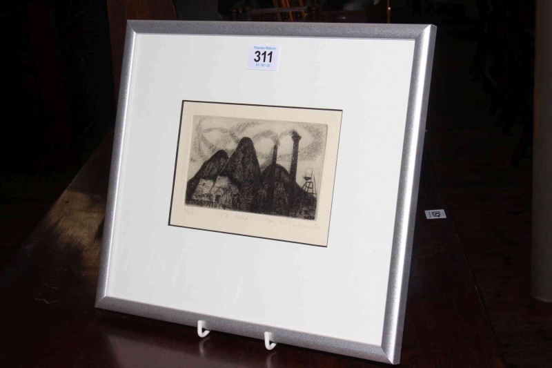 Tom McGuinness (1926-2006), Pit Head, limited edition etching, signed and dated 1980, number 30/40, image 11cm by 16cm, framed.