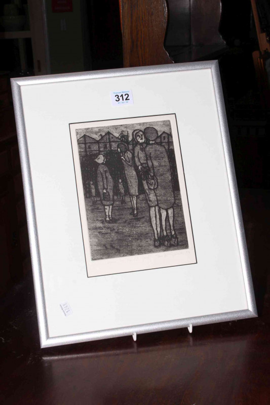 Tom McGuinness (1926-2006), Women in the Pit Yard, limited edition etching, signed and dated 1993, numbered 14/50, image 21cm by 15cm, framed.