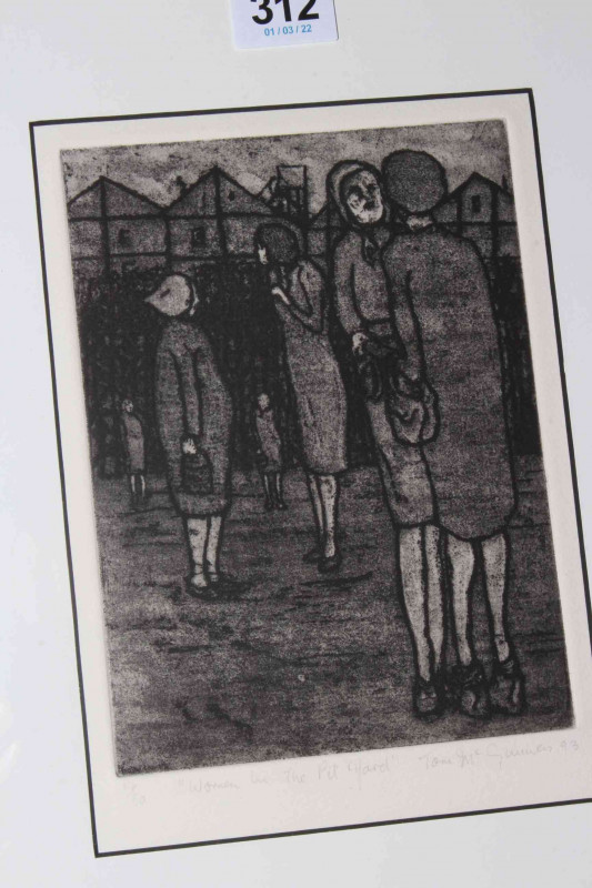 Tom McGuinness (1926-2006), Women in the Pit Yard, limited edition etching, signed and dated 1993, numbered 14/50, image 21cm by 15cm, framed.