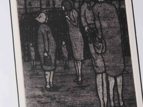 Tom McGuinness (1926-2006), Women in the Pit Yard, limited edition etching, signed and dated 1993, numbered 14/50, image 21cm by 15cm, framed. thumbnail