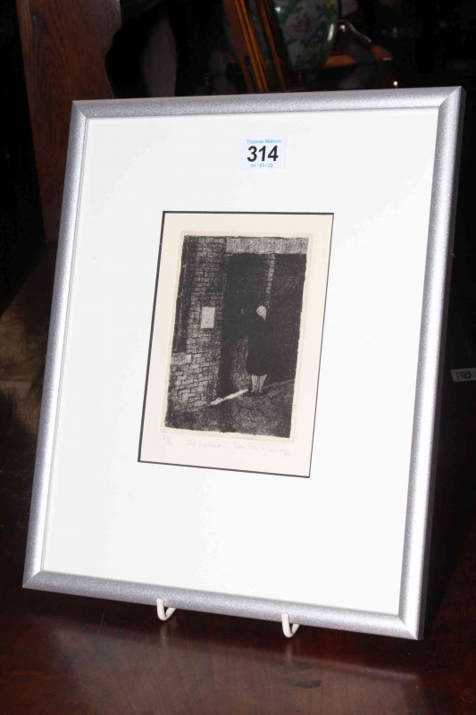 Tom McGuinness (1926-2006), The Caller, limited edition etching, signed and dated 1987, numbered 48/50, image 15cm by 11cm, framed.