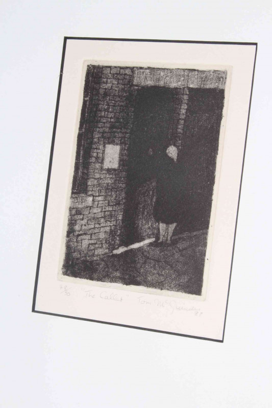 Tom McGuinness (1926-2006), The Caller, limited edition etching, signed and dated 1987, numbered 48/50, image 15cm by 11cm, framed.