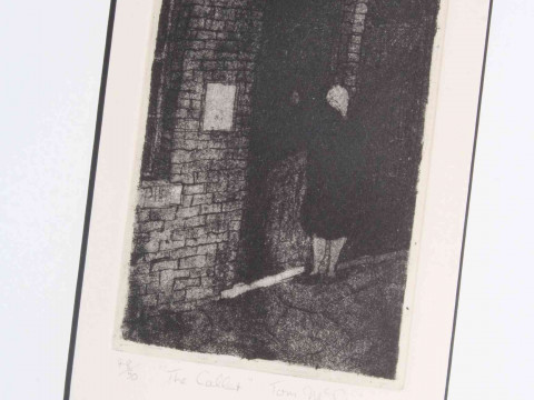 Tom McGuinness (1926-2006), The Caller, limited edition etching, signed and dated 1987, numbered 48/50, image 15cm by 11cm, framed. thumbnail