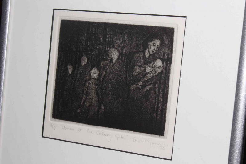 Tom McGuinness (1926-2006), Women at the Colliery Gates, limited edition etching, signed and dated 1986, numbered 16/50, image 14cm by 15cm, framed.