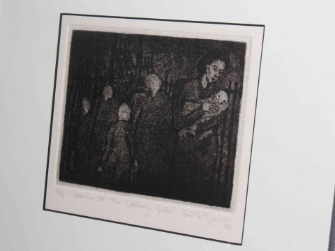 Tom McGuinness (1926-2006), Women at the Colliery Gates, limited edition etching, signed and dated 1986, numbered 16/50, image 14cm by 15cm, framed. thumbnail