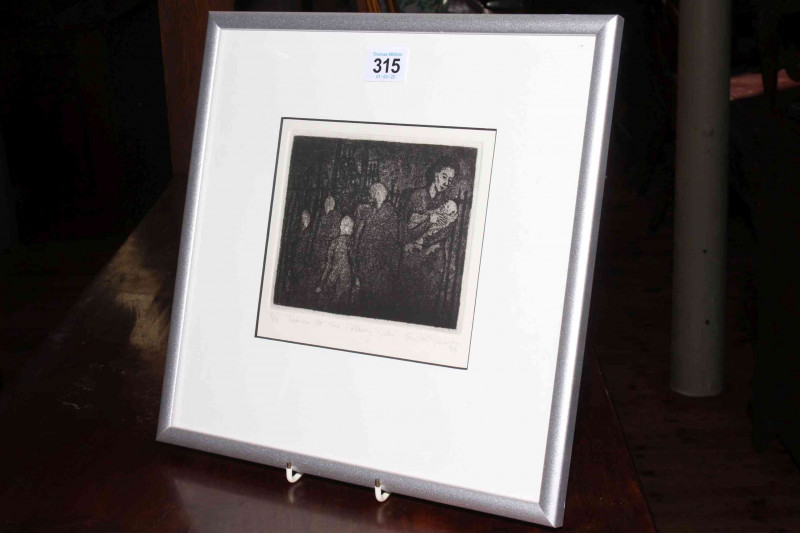 Tom McGuinness (1926-2006), Women at the Colliery Gates, limited edition etching, signed and dated 1986, numbered 16/50, image 14cm by 15cm, framed.