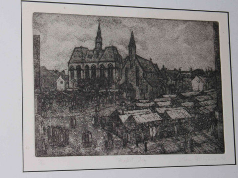 Tom McGuinness (1926-2006), Market Day, limited edition etching, signed and dated 1996, numbered 50/80, image 19cm by 26cm, framed. thumbnail